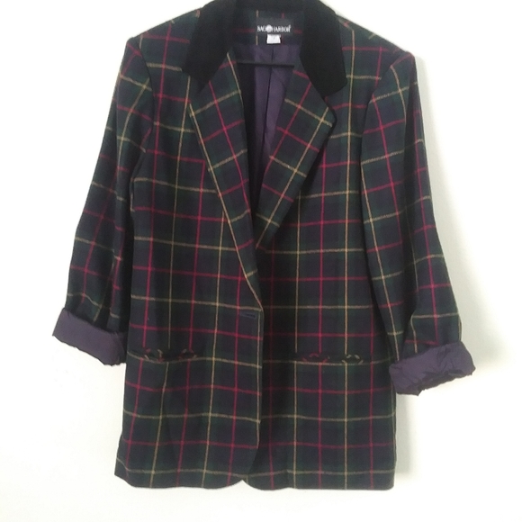 Vintage Wool Blend Plaid Blazer with Velvet Collar - Picture 3 of 8